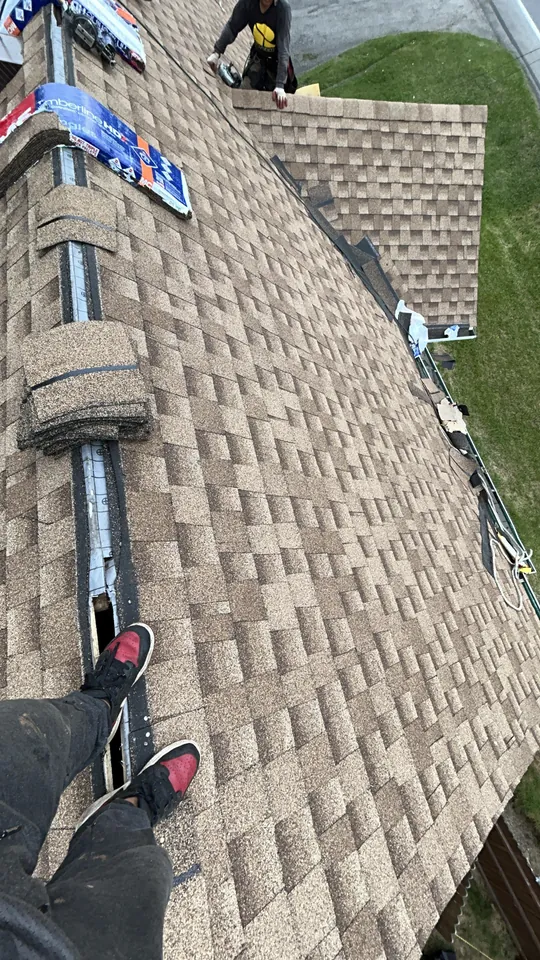 Shingle installation viewed from the roof